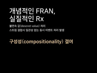 개념적인 FRAN,
실질적인 Rx
불연속 값(descret value) 처리
스트림 결합시 일관성 없는 동시 이벤트 처리 발생
구성성(compositionality) 결여
 