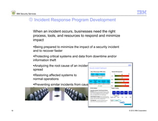 IBM Security Services


                        Incident Response Program Development

                      When an incident occurs, businesses need the right
                      process, tools, and resources to respond and minimize
                      impact
                       Being prepared to minimize the impact of a security incident
                      and to recover faster
                       Protecting critical systems and data from downtime and/or
                      information theft
                       Analyzing the root cause of an incident and preventing its
                      spread
                       Restoring affected systems to
                      normal operations
                       Preventing similar incidents from causing
                      future damage
                       Meeting regulatory compliance requirements
                      for incident response


18                                                                                    © 2012 IBM Corporation
 