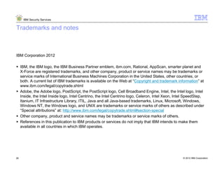 IBM Security Services


Trademarks and notes



IBM Corporation 2012

     IBM, the IBM logo, the IBM Business Partner emblem, ibm.com, Rational, AppScan, smarter planet and
     X-Force are registered trademarks, and other company, product or service names may be trademarks or
     service marks of International Business Machines Corporation in the United States, other countries, or
     both. A current list of IBM trademarks is available on the Web at “Copyright and trademark information” at
     www.ibm.com/legal/copytrade.shtml
     Adobe, the Adobe logo, PostScript, the PostScript logo, Cell Broadband Engine, Intel, the Intel logo, Intel
     Inside, the Intel Inside logo, Intel Centrino, the Intel Centrino logo, Celeron, Intel Xeon, Intel SpeedStep,
     Itanium, IT Infrastructure Library, ITIL, Java and all Java-based trademarks, Linux, Microsoft, Windows,
     Windows NT, the Windows logo, and UNIX are trademarks or service marks of others as described under
     “Special attributions” at: http://www.ibm.com/legal/copytrade.shtml#section-special
     Other company, product and service names may be trademarks or service marks of others.
     References in this publication to IBM products or services do not imply that IBM intends to make them
     available in all countries in which IBM operates.




26                                                                                                   © 2012 IBM Corporation
 