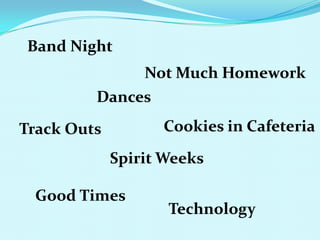 Band NightNot Much HomeworkDancesCookies in CafeteriaTrack OutsSpirit WeeksGood TimesTechnology