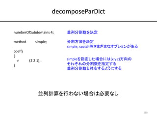decomposeParDict
118
numberOfSubdomains 4;
method simple;
coeffs
{
n (2 2 1);
}
並列分割数を決定
分割方法を決定
simple, scotch等さまざまなオプション...