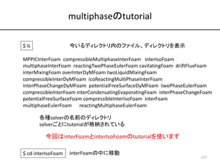 multiphaseのtutorial
127
$ ls 今いるディレクトリ内のファイル、ディレクトリを表示
MPPICInterFoam compressibleMultiphaseInterFoam interIsoFoam
multiph...