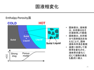 固液相変化
25
Enthalpy-Porosity法
• 固体部分、液体部
分、共存部分をそ
の液体率aで表現
• 固体部分、共存部
分で流体抵抗を加
えることで、固体
液体共存系を表現
• 温度に依存して液
体率を変化させ、
液体率の変化に...