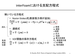 interFoamにおける支配方程式
解いている方程式
H. Rusche, Ph.D. Thesis of Imperial College London (2002).
• Navier-Stokes式(表面張力項が追加)
@ A𝒖
@B
...