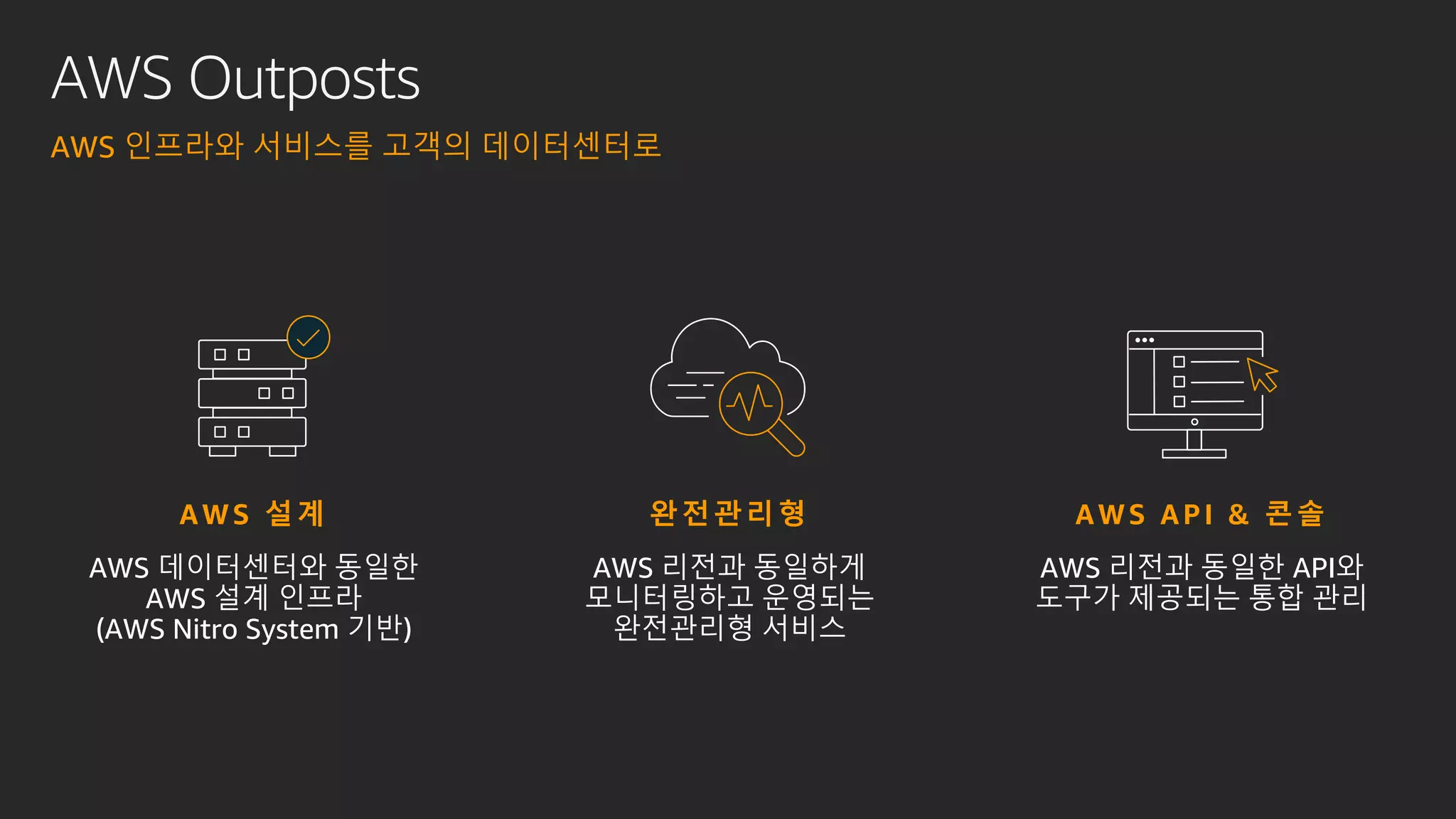 AWS Outposts
AWS 인프라와 서비스를 고객의 데이터센터로
완전관리형
AWS 리전과 동일하게
모니터링하고 운영되는
완전관리형 서비스
AWS 설계
AWS 데이터센터와 동일한
AWS 설계 인프라
(AWS Nitro System 기반)
AWS API & 콘솔
AWS 리전과 동일한 API와
도구가 제공되는 통합 관리
 