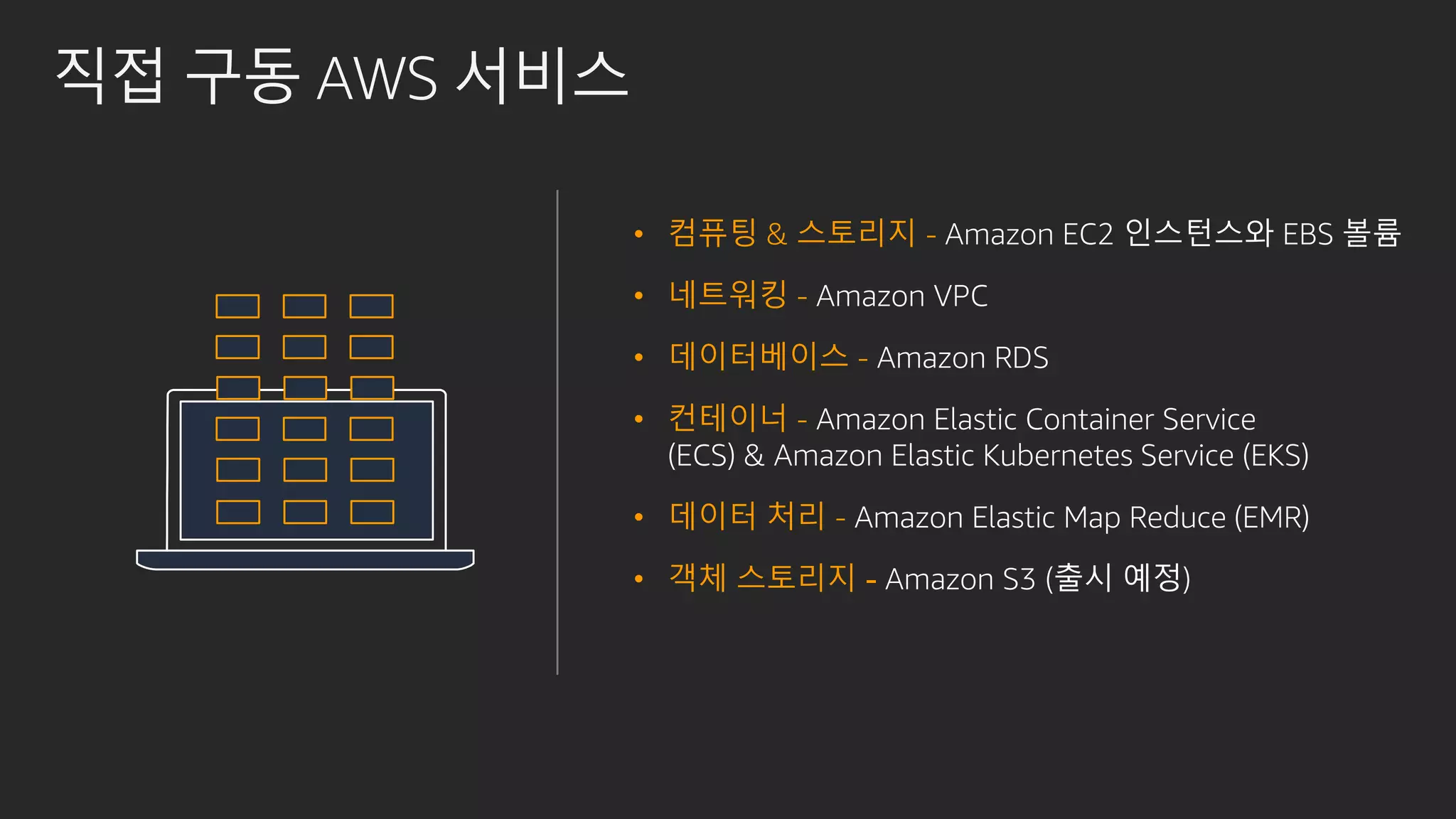직접 구동 AWS 서비스
• 컴퓨팅 & 스토리지 - Amazon EC2 인스턴스와 EBS 볼륨
• 네트워킹 - Amazon VPC
• 데이터베이스 - Amazon RDS
• 컨테이너 - Amazon Elastic Container Service
(ECS) & Amazon Elastic Kubernetes Service (EKS)
• 데이터 처리 - Amazon Elastic Map Reduce (EMR)
• 객체 스토리지 - Amazon S3 (출시 예정)
 