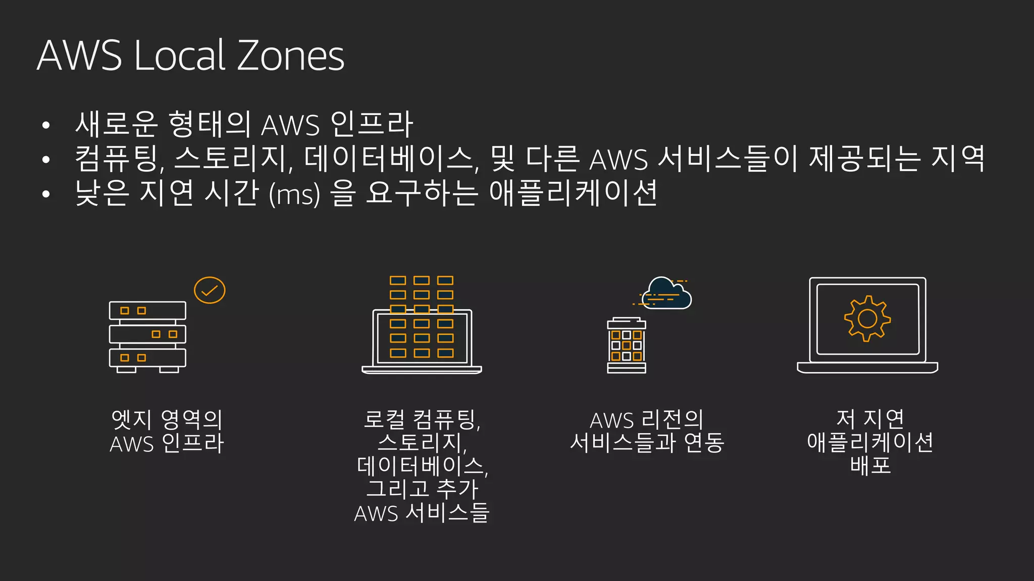 AWS Local Zones
• 새로운 형태의 AWS 인프라
• 컴퓨팅, 스토리지, 데이터베이스, 및 다른 AWS 서비스들이 제공되는 지역
• 낮은 지연 시간 (ms) 을 요구하는 애플리케이션
 