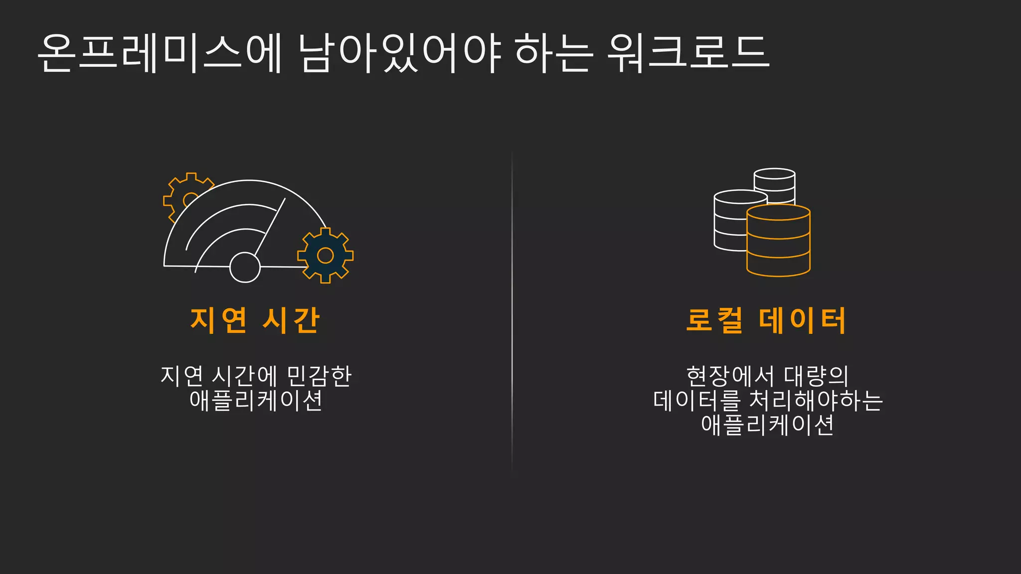 온프레미스에 남아있어야 하는 워크로드
지연 시간
지연 시간에 민감한
애플리케이션
로컬 데이터
현장에서 대량의
데이터를 처리해야하는
애플리케이션
 