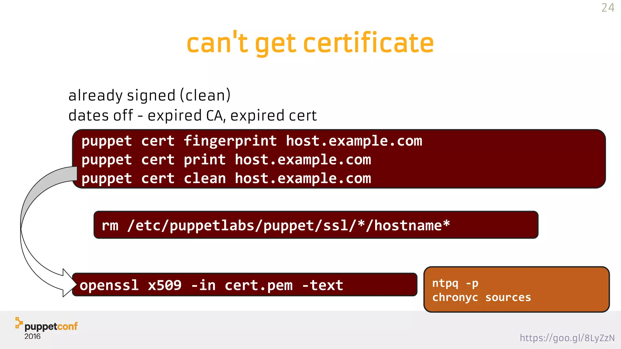 https://goo.gl/8LyZzN
can't get certificate
already signed (clean)
dates off - expired CA, expired cert
openssl x509 -in cert.pem -text
puppet cert fingerprint host.example.com
puppet cert print host.example.com
puppet cert clean host.example.com
ntpq -p
chronyc sources
rm /etc/puppetlabs/puppet/ssl/*/hostname*
24
 