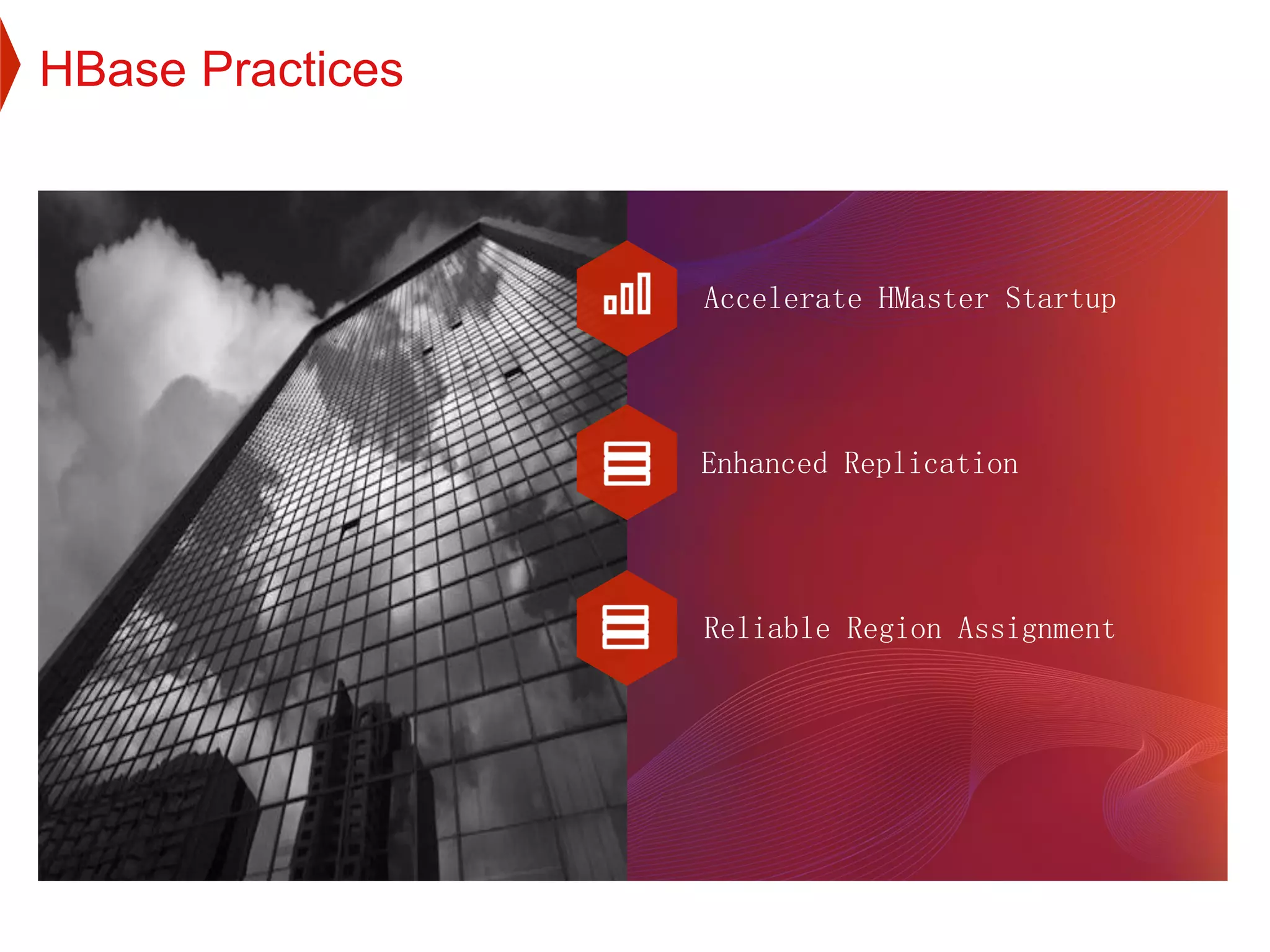 Accelerate HMaster Startup
Enhanced Replication
Reliable Region Assignment
HBase Practices
 