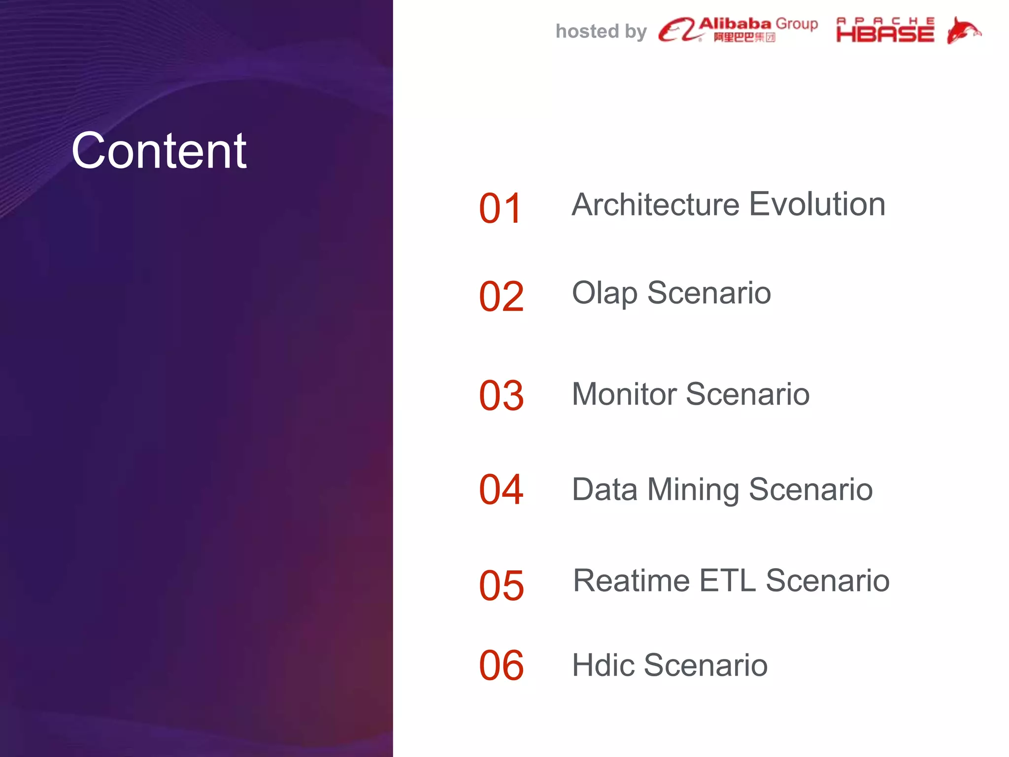 hosted by
Content
01
02
04
03
Architecture Evolution
Olap Scenario
Monitor Scenario
Data Mining Scenario
05 Reatime ETL Scenario
06 Hdic Scenario
 