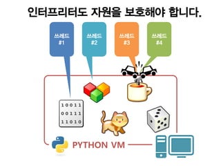 인터프리터도 자원을 보호해야 합니다.

   쓰레드     쓰레드   쓰레드   쓰레드
    #1      #2    #3    #4




         PYTHON VM
 