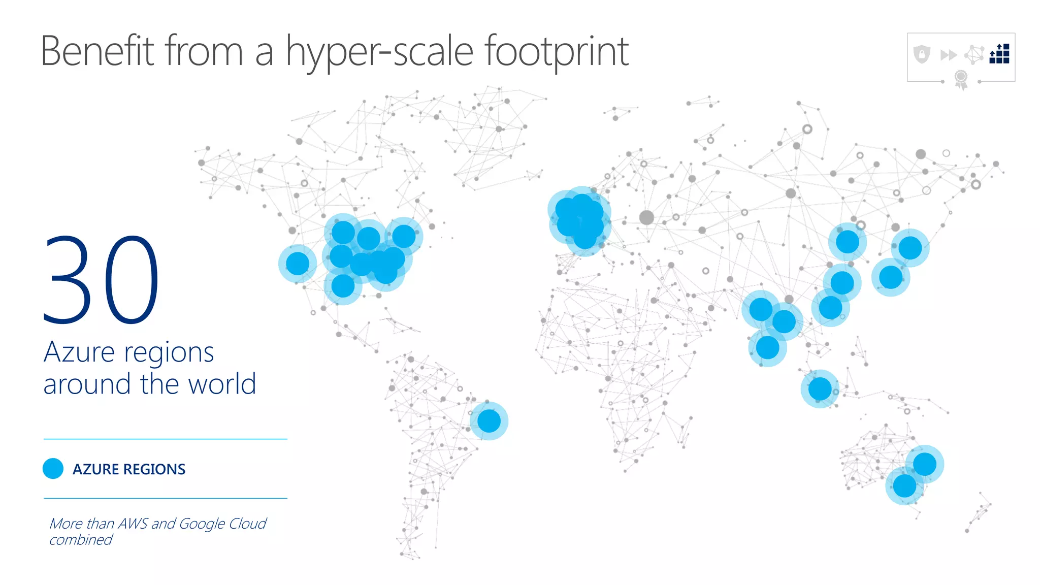 AZURE REGIONS
30Azure regions
around the world
More than AWS and Google Cloud
combined
 