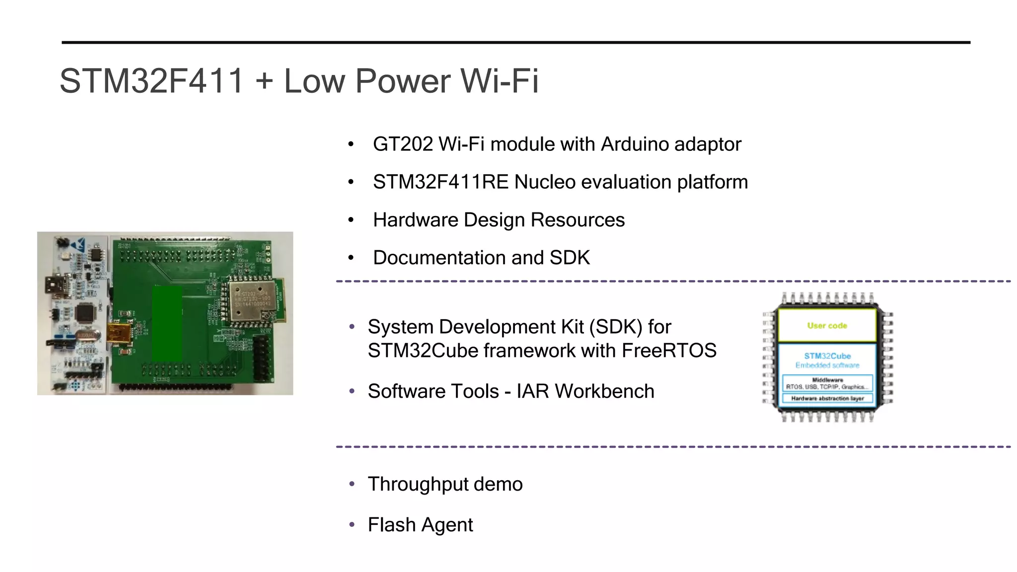 • GT202 Wi-Fi module with Arduino adaptor
• STM32F411RE Nucleo evaluation platform
• Hardware Design Resources
• Documentation and SDK
• System Development Kit (SDK) for
STM32Cube framework with FreeRTOS
• Software Tools - IAR Workbench
• Throughput demo
• Flash Agent
STM32F411 + Low Power Wi-Fi
 