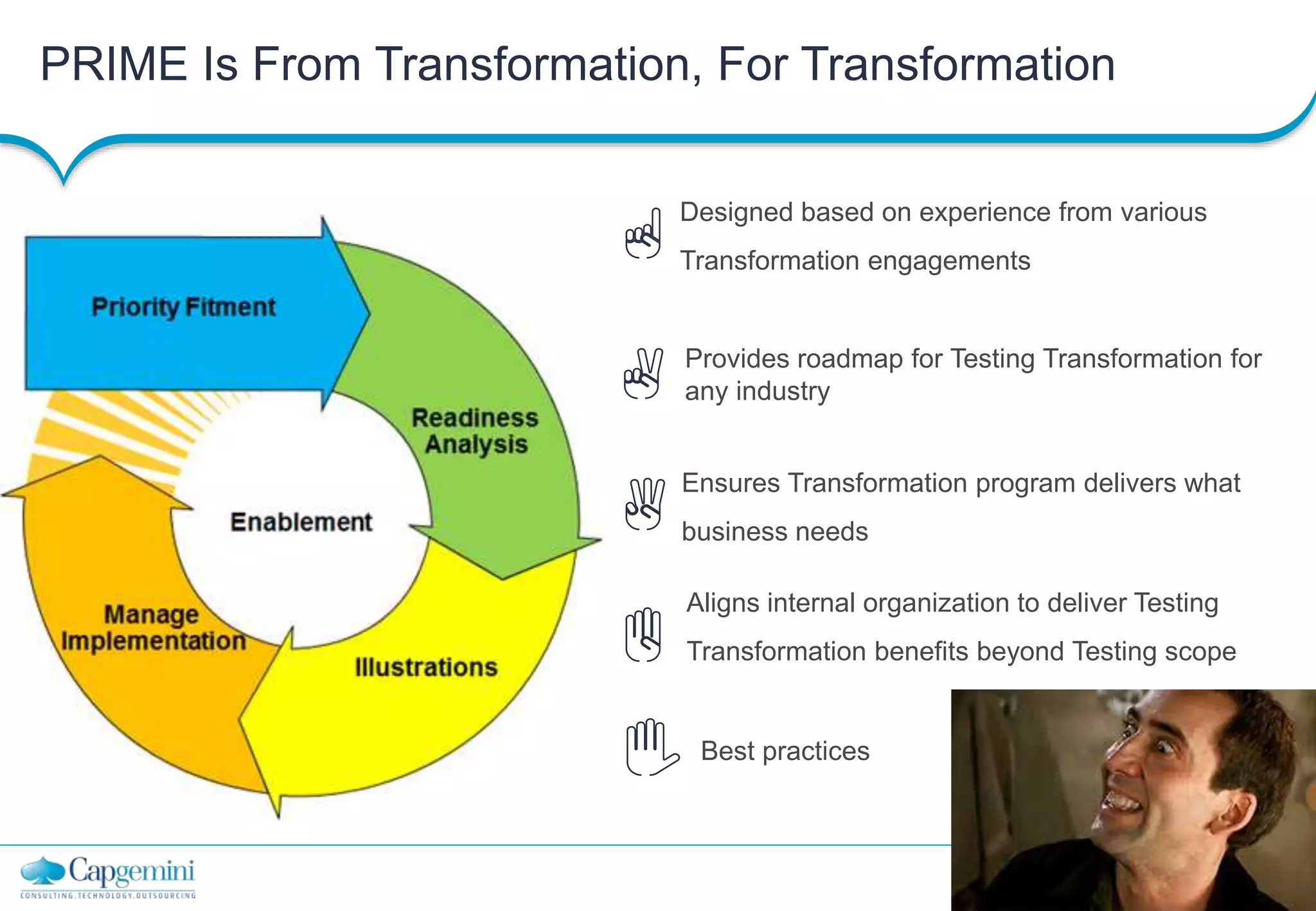 10
Copyright © Capgemini 2013 All Rights Reserved
Capgemini Testing Services | Financial Services
PRIME Is From Transformation, For Transformation
Designed based on experience from various
Transformation engagements
Provides roadmap for Testing Transformation for
any industry
Ensures Transformation program delivers what
business needs
Aligns internal organization to deliver Testing
Transformation benefits beyond Testing scope
Best practices
 