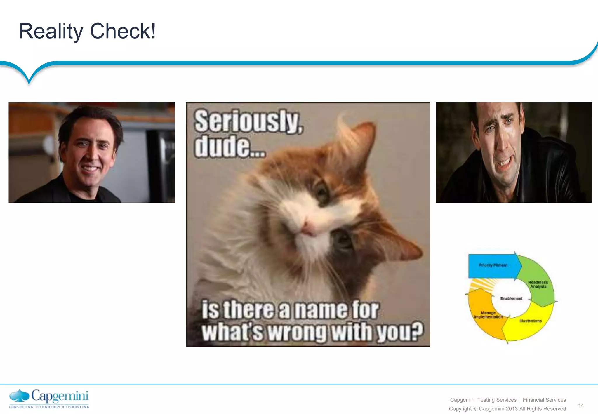14
Copyright © Capgemini 2013 All Rights Reserved
Capgemini Testing Services | Financial Services
Reality Check!
 