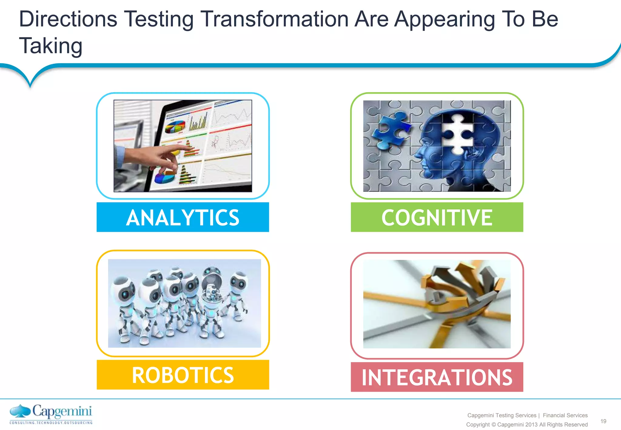 19
Copyright © Capgemini 2013 All Rights Reserved
Capgemini Testing Services | Financial Services
Directions Testing Transformation Are Appearing To Be
Taking
ANALYTICS COGNITIVE
ROBOTICS INTEGRATIONS
 