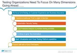 4
Copyright © Capgemini 2013 All Rights Reserved
Capgemini Testing Services | Financial Services
Testing Organizations Need To Focus On Many Dimensions
Going Ahead……
 