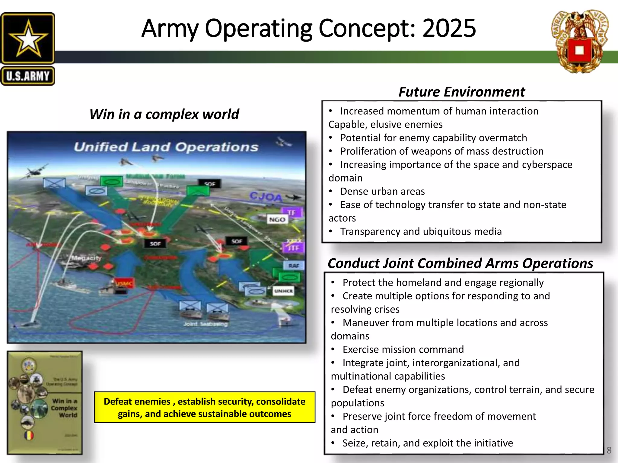 Army Operating Concept: 2025
Defeat enemies , establish security, consolidate
gains, and achieve sustainable outcomes
8
• Protect the homeland and engage regionally
• Create multiple options for responding to and
resolving crises
• Maneuver from multiple locations and across
domains
• Exercise mission command
• Integrate joint, interorganizational, and
multinational capabilities
• Defeat enemy organizations, control terrain, and secure
populations
• Preserve joint force freedom of movement
and action
• Seize, retain, and exploit the initiative
Conduct Joint Combined Arms Operations
• Increased momentum of human interaction
Capable, elusive enemies
• Potential for enemy capability overmatch
• Proliferation of weapons of mass destruction
• Increasing importance of the space and cyberspace
domain
• Dense urban areas
• Ease of technology transfer to state and non-state
actors
• Transparency and ubiquitous media
Future Environment
Win in a complex world
 