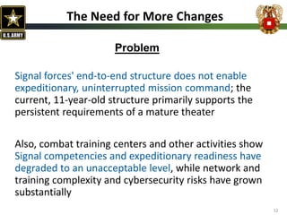 Signal forces' end-to-end structure does not enable
expeditionary, uninterrupted mission command; the
current, 11-year-old structure primarily supports the
persistent requirements of a mature theater
Also, combat training centers and other activities show
Signal competencies and expeditionary readiness have
degraded to an unacceptable level, while network and
training complexity and cybersecurity risks have grown
substantially
12
The Need for More Changes
Problem
 