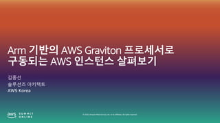 © 2020, Amazon Web Services, Inc. or its affiliates. All rights reserved.
Arm 기반의 AWS Graviton 프로세서로
구동되는 AWS 인스턴스 살펴보기
김종선
솔루션즈 아키텍트
AWS Korea
 