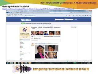 Getting to Know Facebook
http://www.facebook.com/pages/Women-of-Color-in-Technology-STEM-Conference/80358122469?sk=wall&filter=2
 
