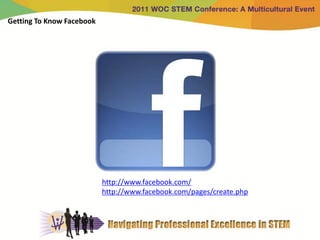 Getting To Know Facebook




                           http://www.facebook.com/
                           http://www.facebook.com/pages/create.php
 