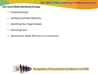 Your Social Media Marketing Strategy

     • Establishing Goals

     • Setting Quantifiable Objectives

     • Identifying Your Target Markets

     • Estimating Costs

     • Valuing Social Media ROI (return on investment)
 
