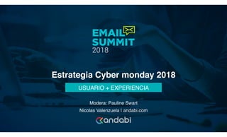 Estrategia Cyber monday 2018
Modera: Pauline Swart
Nicolas Valenzuela | andabi.com
USUARIO + EXPERIENCIA
 