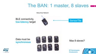 The BAN: 1 master, 8 slaves
BLE connectivity,
low-latency target
Data must be
synchronous
Max 8 slaves?
Body Area Network
SensorTile
8
 