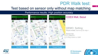 PDR Walk test:
Test based on sensor only without map matching
Arm Swing
DEMO Setting:
Phone model: Samsung S6 edge +
Sensor list:
6x LSM6DS3
3x Mag based on GMR
In Hand Trouser Pocket
COEX Mall, Seoul
Performance results: High position accuracy
15
 
