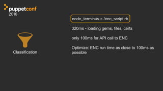 Classification
node_terminus = /enc_script.rb
320ms - loading gems, files, certs
only 100ms for API call to ENC
Optimize: ENC run time as close to 100ms as
possible
 