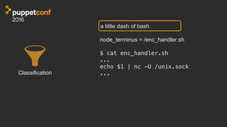 Classification
a little dash of bash
node_terminus = /enc_handler.sh
$ cat enc_handler.sh!
...!
echo $1 | nc -U /unix.sock!
...!
 