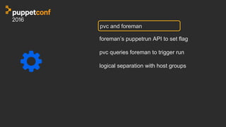 pvc and foreman
foreman’s puppetrun API to set flag
pvc queries foreman to trigger run
logical separation with host groups
 
