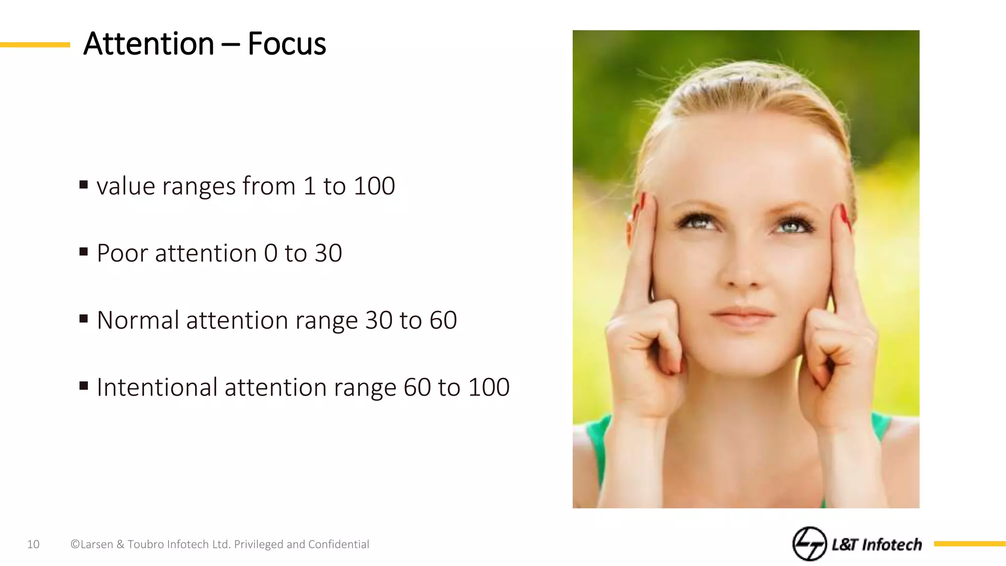 ©Larsen & Toubro Infotech Ltd. Privileged and Confidential10
Attention – Focus
value ranges from 1 to 100
Poor attention 0 to 30
Normal attention range 30 to 60
Intentional attention range 60 to 100