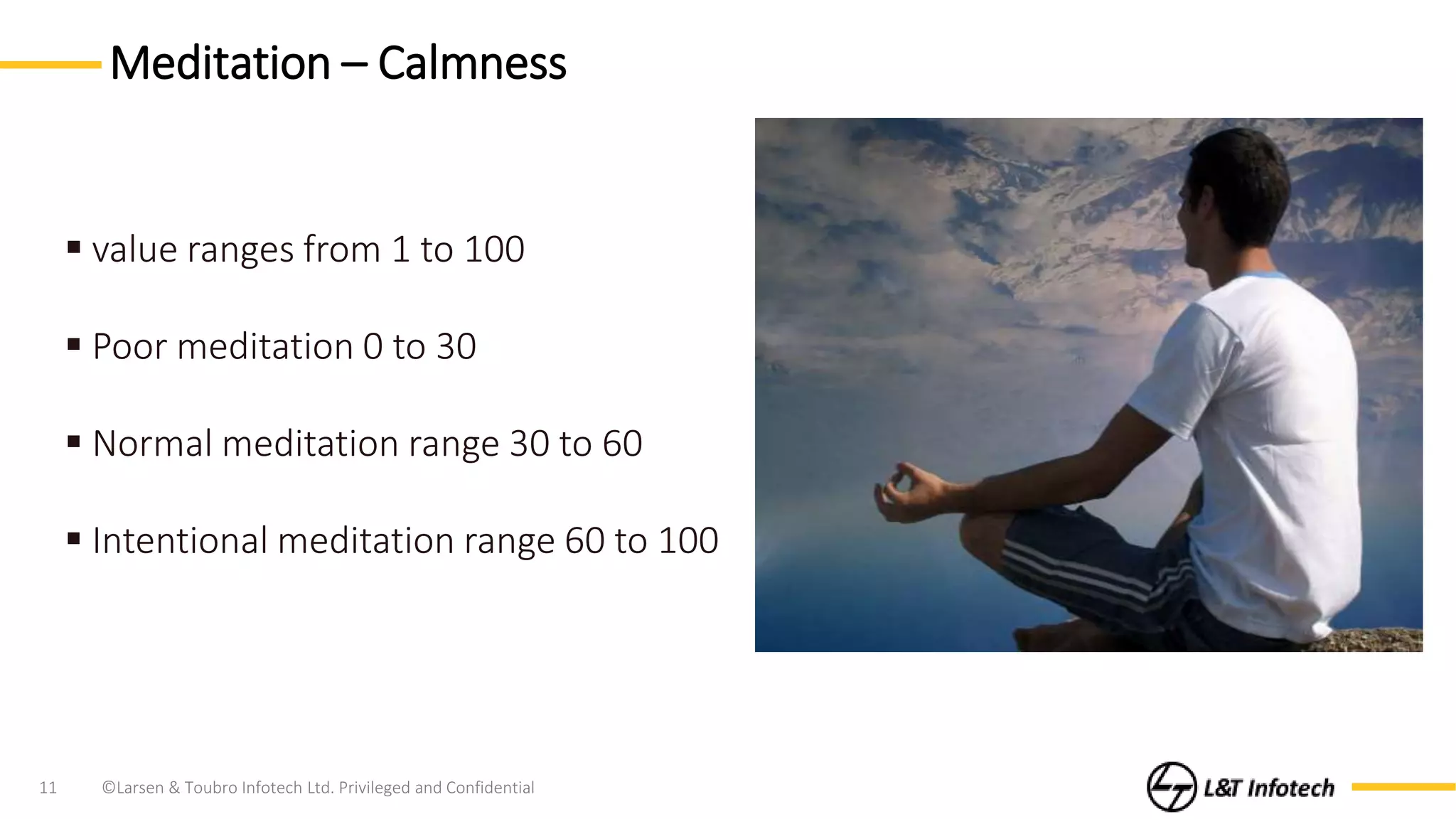 ©Larsen & Toubro Infotech Ltd. Privileged and Confidential11
Meditation – Calmness
value ranges from 1 to 100
Poor meditation 0 to 30
Normal meditation range 30 to 60
Intentional meditation range 60 to 100