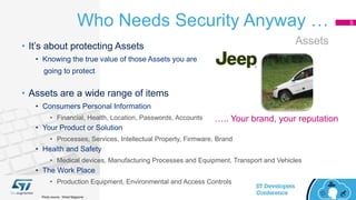 Who Needs Security Anyway … 5
• It’s about protecting Assets
• Knowing the true value of those Assets you are
going to protect
• Assets are a wide range of items
• Consumers Personal Information
• Financial, Health, Location, Passwords, Accounts
• Your Product or Solution
• Processes, Services, Intellectual Property, Firmware, Brand
• Health and Safety
• Medical devices, Manufacturing Processes and Equipment, Transport and Vehicles
• The Work Place
• Production Equipment, Environmental and Access Controls
Assets
….. Your brand, your reputation
Photo source : Wired Magazine
 
