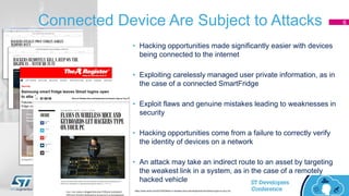 Connected Device Are Subject to Attacks 6
• Hacking opportunities made significantly easier with devices
being connected to the internet
• Exploiting carelessly managed user private information, as in
the case of a connected SmartFridge
• Exploit flaws and genuine mistakes leading to weaknesses in
security
• Hacking opportunities come from a failure to correctly verify
the identity of devices on a network
• An attack may take an indirect route to an asset by targeting
the weakest link in a system, as in the case of a remotely
hacked vehicle
https://www.wired.com/2016/02/flaws-in-wireless-mice-and-keyboards-let-hackers-type-on-your-pc/
 