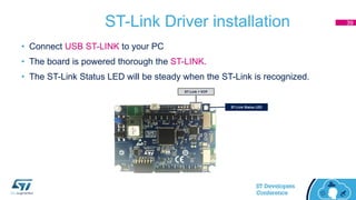 ST-Link Driver installation
ST-Link + VCP
ST-Link Status LED
39
• Connect USB ST-LINK to your PC
• The board is powered thorough the ST-LINK.
• The ST-Link Status LED will be steady when the ST-Link is recognized.
 