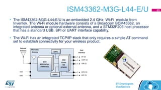 ISM43362-M3G-L44-E/U
• The ISM43362-M3G-L44-E/U is an embedded 2.4 GHz Wi-Fi module from
Inventek. The Wi-Fi module hardware consists of a Broadcom BCM43362, an
integrated antenna or optional external antenna, and a STM32F205 host processor
that has a standard USB, SPI or UART interface capability.
• The Wi-Fi has an integrated TCP/IP stack that only requires a simple AT command
set to establish connectivity for your wireless product.
65
 