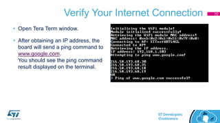 Verify Your Internet Connection
• Open Tera Term window.
• After obtaining an IP address, the
board will send a ping command to
www.google.com.
You should see the ping command
result displayed on the terminal.
70
 