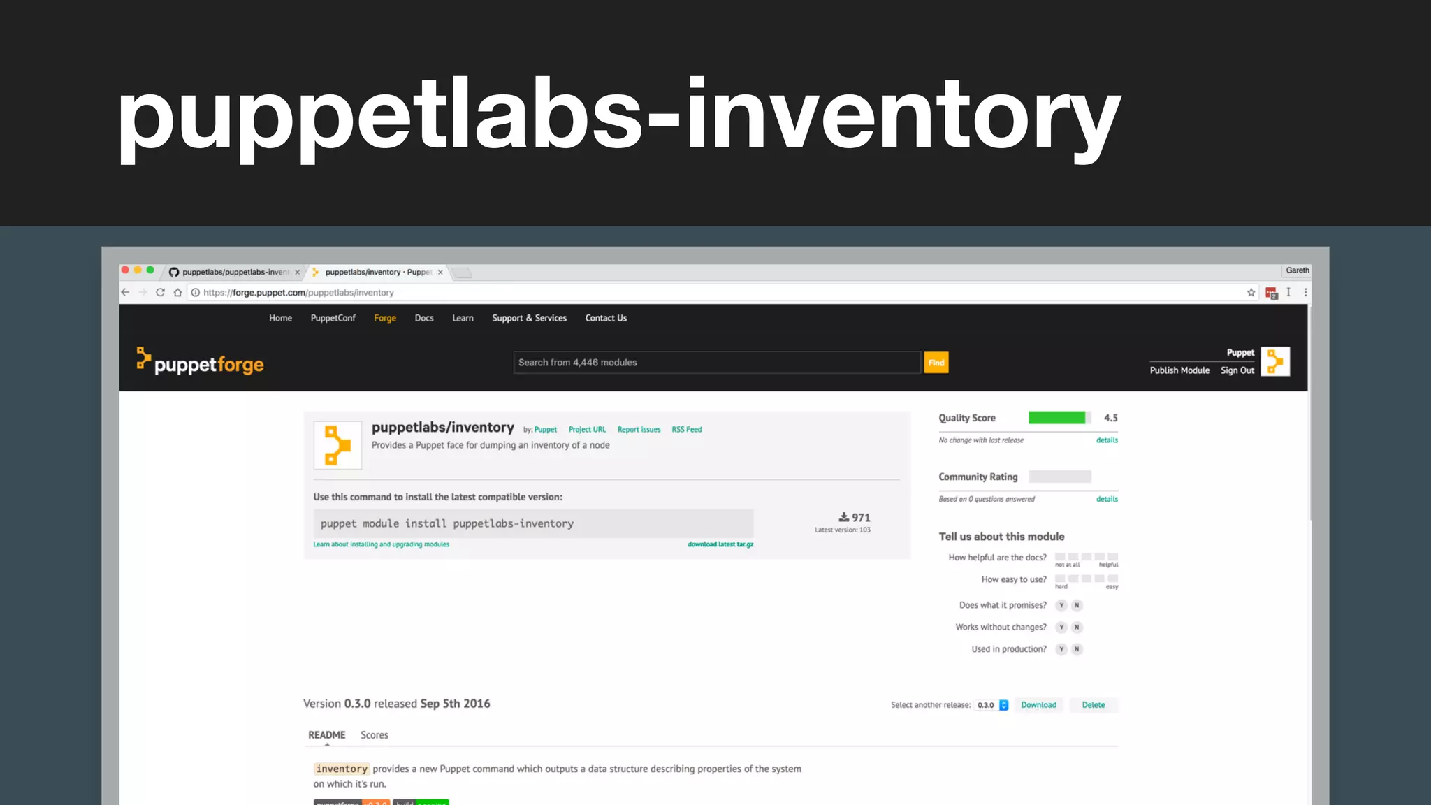 (without introducing more risk)
puppetlabs-inventory
 