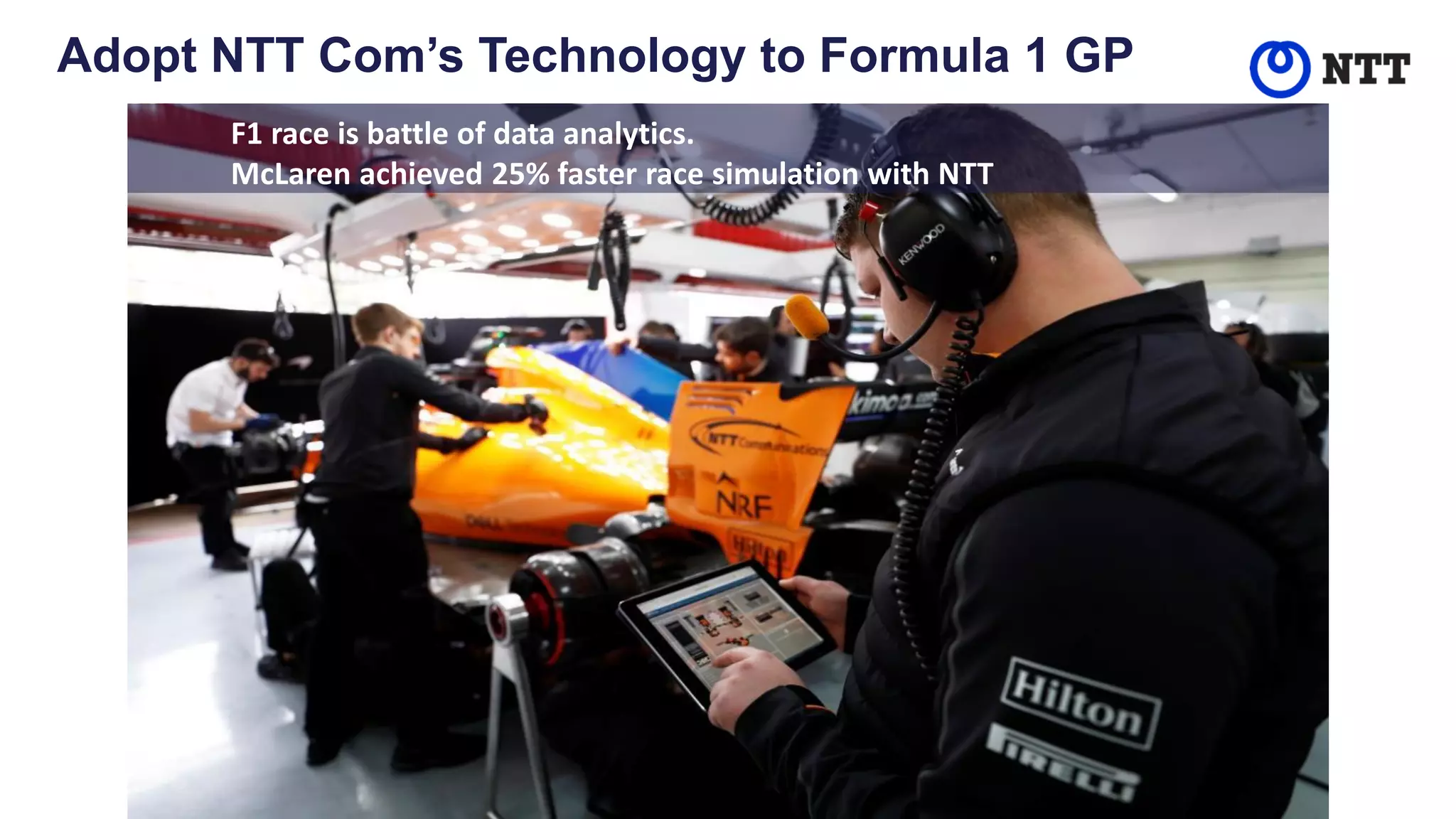 F1 race is battle of data analytics.
McLaren achieved 25% faster race simulation with NTT
Adopt NTT Com’s Technology to Formula 1 GP​
 