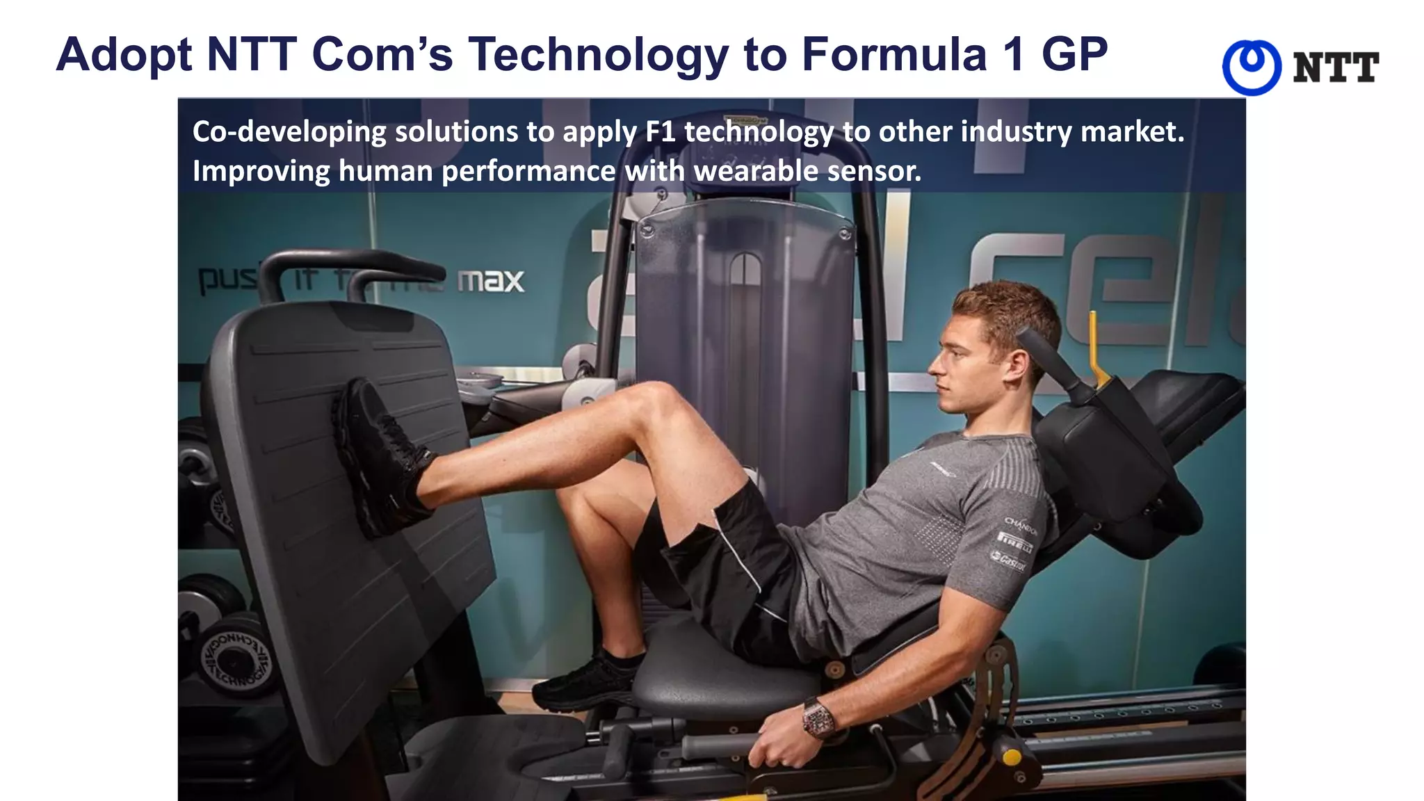 Adopt NTT Com’s Technology to Formula 1 GP​
Co-developing solutions to apply F1 technology to other industry market.
Improving human performance with wearable sensor.
 