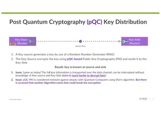 © 2022 Juniper Networks 8
Post Quantum Cryptography (pQC) Key Distribution
1. Issue: [same as today] The full key information is transported over the data channel, can be intercepted without
knowledge of Key-source and Key-Sink (store & much harder to decrypt later)
2. Issue: pQC-PKI is considered resistant against attacks with Quantum Computers using Shor’s algorithm. But there
is no proof that another Algorithm exists that could break the encryption
Key Source
(Router)
Key-Sink
(Router)
packet flow
RNG
1. A Key source generates a key by use of a Random Number Generator (RNG)
2. The Key-Source encrypts the key using pQC-based Public Key Cryptography (PKI) and sends it to the
Key-Sink
Result: key is known at source and sink
 