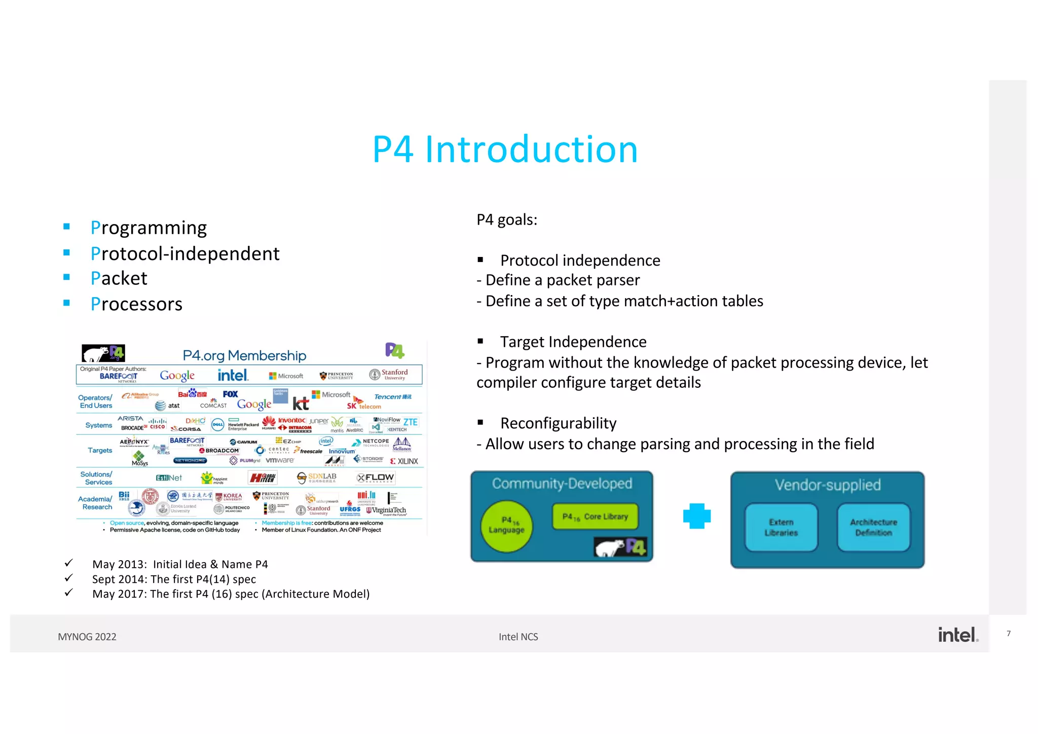 Intel NCS
MYNOG 2022 7
P4 Introduction
§ Programming
§ Protocol-independent
§ Packet
§ Processors
P4 goals:
§ Protocol independence
- Define a packet parser
- Define a set of type match+action tables
§ Target Independence
- Program without the knowledge of packet processing device, let
compiler configure target details
§ Reconfigurability
- Allow users to change parsing and processing in the field
ü May 2013: Initial Idea & Name P4
ü Sept 2014: The first P4(14) spec
ü May 2017: The first P4 (16) spec (Architecture Model)
 