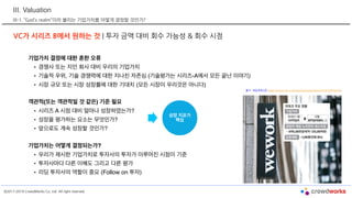 ©2017-2019 CrowdWorks Co, Ltd. All right reserved.
III. Valuation
III-1. “God’s realm”이라 불리는 기업가치를 어떻게 결정할 것인가?
VC가 시리즈 B에서 원하는 것 | 투자 금액 대비 회수 가능성 & 회수 시점
기업가치 결정에 대한 흔한 오류
• 경쟁사 또는 지인 회사 대비 우리의 기업가치
• 기술적 우위, 기술 경쟁력에 대한 지나친 자존심 (기술평가는 시리즈-A에서 모든 끝난 이야기)
• 시장 규모 또는 시장 성장률에 대한 기대치 (모든 시장이 우리것은 아니다)
객관적(또는 객관적일 것 같은) 기준 필요
• 시리즈 A 시점 대비 얼마나 성장하였는가?
• 성장을 평가하는 요소는 무엇인가?
• 앞으로도 계속 성장할 것인가?
기업가치는 어떻게 결정되는가?
• 우리가 제시한 기업가치로 투자사의 투자가 이루어진 시점이 기준
• 투자사마다 다른 이해도 그리고 다른 평가
• 리딩 투자사의 역할이 중요 (Follow on 투자)
성장 지표가
핵심
출처 : 매일경제신문 https://www.mk.co.kr/news/business/view/2019/10/870229/
 