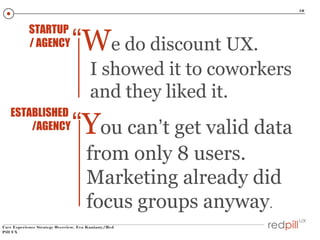 10

STARTUP
/ AGENCY

“We do discount UX.
I showed it to coworkers
and they liked it.

ESTABLISHED
/AGENCY

“You can’t get valid data
from only 8 users.
Marketing already did
focus groups anyway.

User Experience Strategy Overview, Eva Kaniasty/Red
Pill UX

 