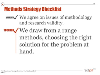 13

Methods Strategy Checklist

✓ We agree on issues of methodology

VALIDITY

and research validity.

✓We draw from a range

TOOLBOX

methods, choosing the right
solution for the problem at
hand.

User Experience Strategy Overview, Eva Kaniasty/Red
Pill UX

 