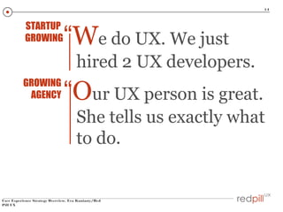 14

STARTUP
GROWING

“We do UX. We just
hired 2 UX developers.

GROWING
AGENCY

“Our UX person is great.
She tells us exactly what
to do.

User Experience Strategy Overview, Eva Kaniasty/Red
Pill UX

 